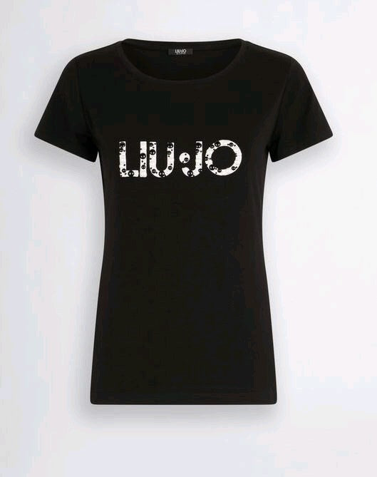 liu jo t-shirt con logo e perle va5156js360